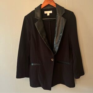 Michael Kors Black Women's Blazer with Faux Leather Collar & Pocket Trim Medium